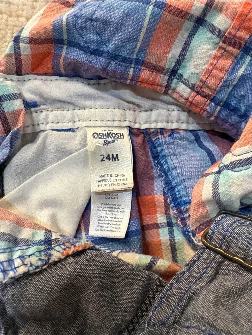 OshKosh B'gosh Blue and Orange Plaid Short Overalls